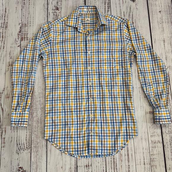 Peter Millar Other - Peter Millar Men S Shirt Blue Yellow Plaid Cotton Button Down Classic Fit Preppy